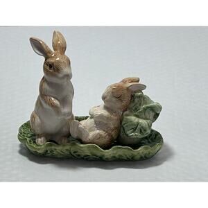 Brown Easter Treasures Rabbits Cabbage Leaf Tray Salt & Pepper Shakers